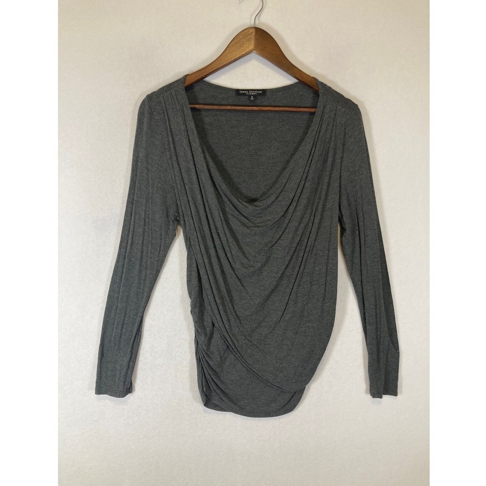 Minimalist Green Envelope Womens Medium Grey Draped Cowl Neck Ruched Top 1A1412S